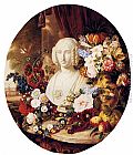 A Still Life With Assorted Flowers, Fruit And A Marble Bust Of A Woman by Virginie de Sartorius